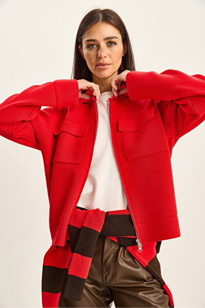 Bianco Lucci Women's Double Pocket Detailed Zipper Closure Knitwear Jacket Cardigan Th251076 60283802