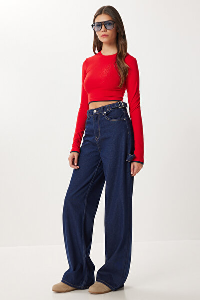 Lovelyİstanbul Wide Leg Jeans with Belt Detail Lri0026 Dark Blue