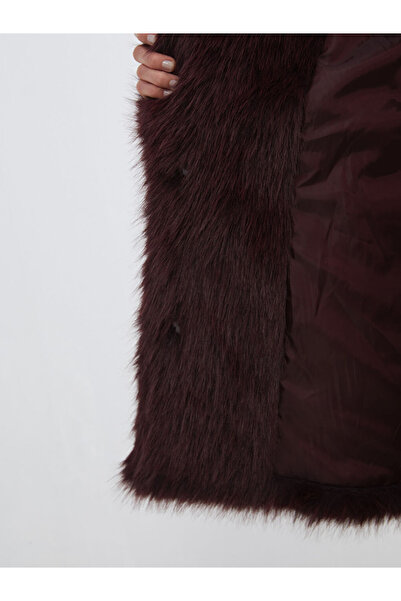 LC Waikiki Lcw Modest Burgundy Jacket Collar Oversized Women Faux Fur Coat