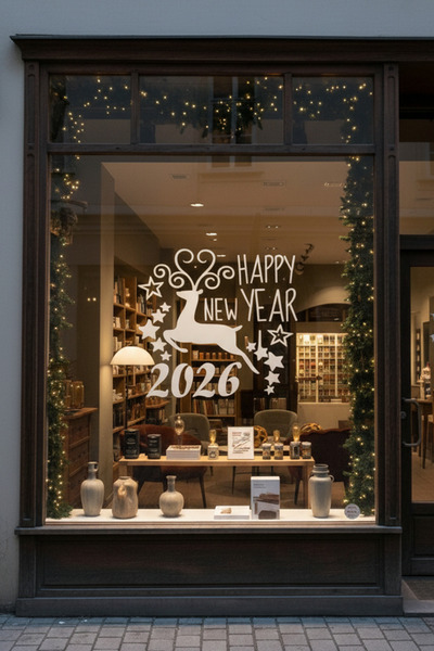 MIGNATIS 2026 Happy New Year Deer Window Sticker – Christmas Decoration for Shop & Home Glass