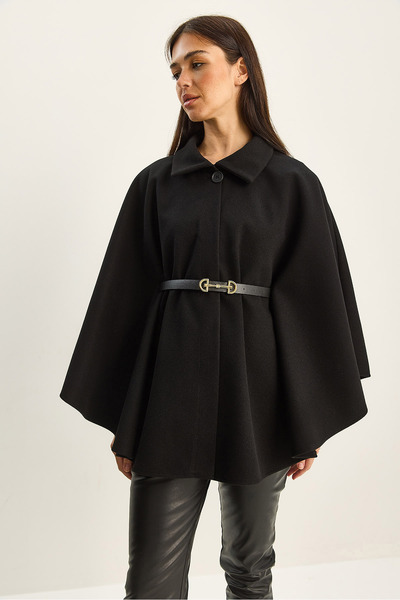 Bianco Lucci Women's Collared Single Button Detailed Belted Cashmere Poncho 9170 60283812