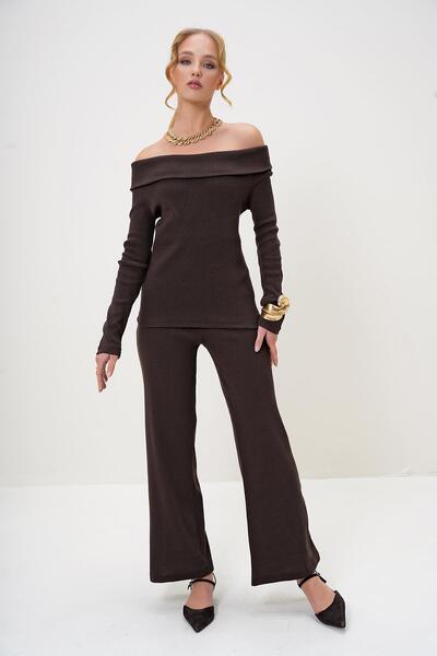 Trend Alaçatı Stili Női barna Madonna galléros camisole blúz és nadrág szett ALC-X13060