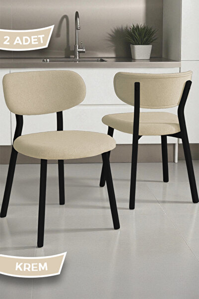 Canisa Toldy Serisi 2 Adet Krem Bukle Kumaş Mutfak Sandalyesi Siyah Metal Ayak