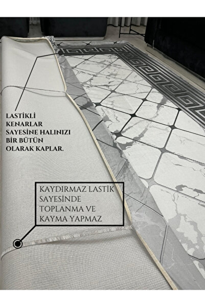 BGV HOME Marble Pattern Greek Motif Carpet Cover Gray White *Elastic and Sponge Non-Slip Base Washable*