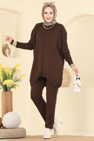 ModaMerve Boğazlı İkili Triko Takım 2737AYD574-MS Kahve