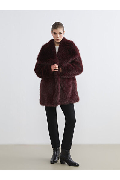 LC Waikiki Lcw Modest Burgundy Jacket Collar Oversized Women Faux Fur Coat