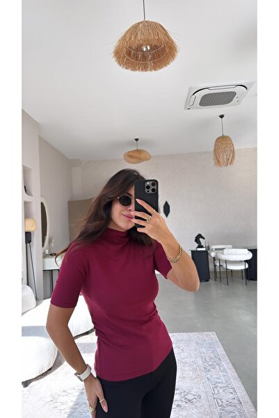 Buket Teke Burgundy High Collar Gathered Detail Modal Basic