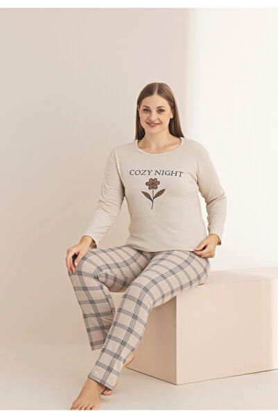 Serena Big Size beige women's pajamas with long sleeves and long pants, "Cozy Night" print