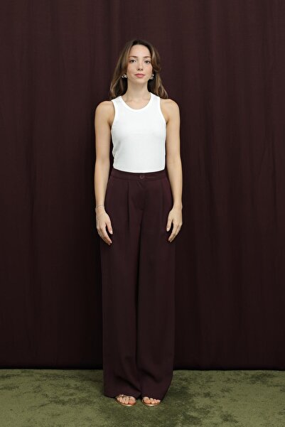 Puane Women's Pleated Detailed Trousers - 18266Pnt - Burgundy