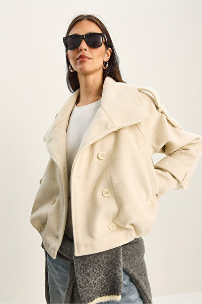 Bianco Lucci Women's Mock Neck Pocket Detailed Epaulet Lined Short Cashmere Bomber Jacket Coat 2060 60283814