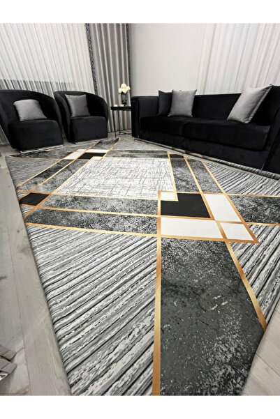 BGV HOME Geometrik Desen Gold Çizgili Halı Örtüsü Gri Siyah *Lastikli ve Süngerli Kaymaz Tabanlı Yıkanabilir*