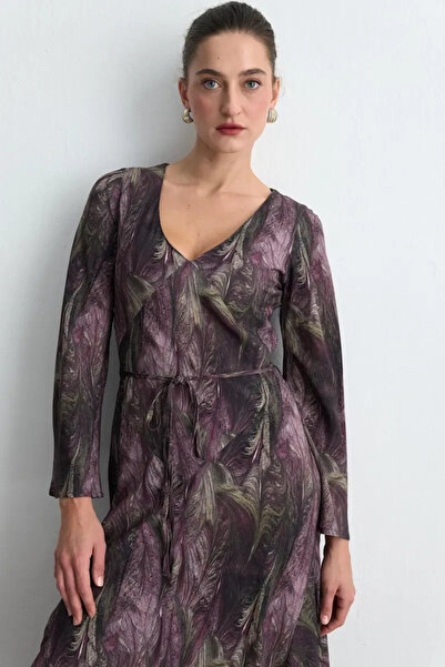 Gusto Anka Collection V-Neck Patterned Long Dress - Plum