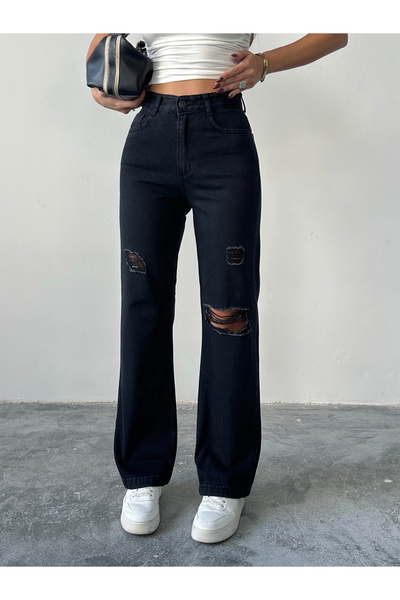 blue marlın KADIN LAZER YIRTIK İŞLEMLİ BOYFRİEND KOT BOL PAÇA PANTOLON