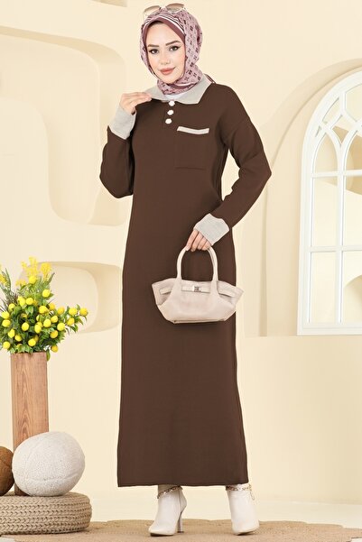 ModaMerve Gömlek Yaka Cepli Triko Elbise 4020KLB1050-MS Kahve