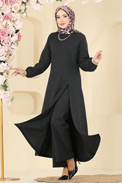 ModaMerve Yırtmaç Detaylı Balıksırtı Takım 24003UKBK1160-MS Antrasit