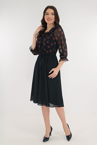 Vanessa Line RO Κομψό φόρεμα από σκούρο μπλε πέπλο και πέπλο με στάμπα από τούβλα