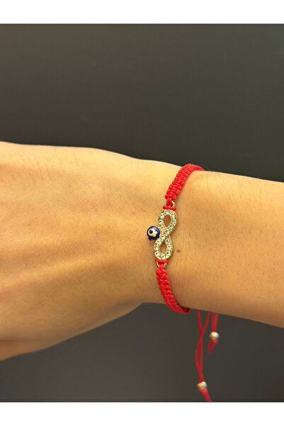 Gönülden Tasarım Zircon Stone Embroidered Infinity Red Macrame Cord Bracelet