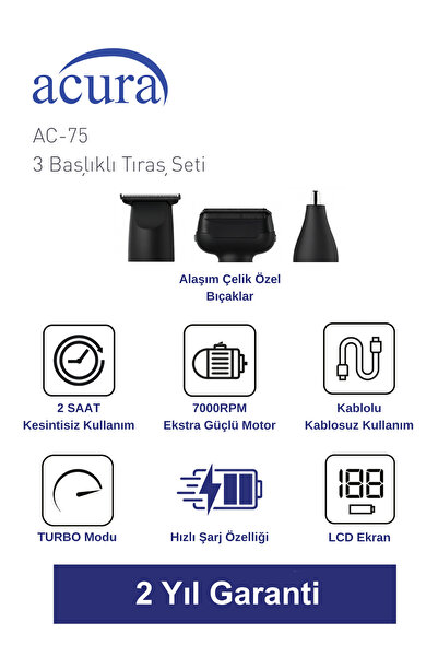 Acura AC-75 3 Başlıklı Metal Gövdeli Tıraş Seti