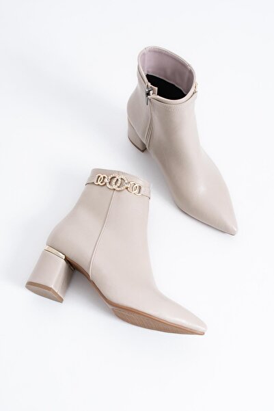 Moda Pie Ladedef Women's Boots with Stone Detail and Thick Heel, Beige Skin