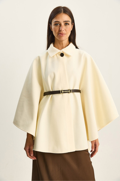 Bianco Lucci Women's Collared Single Button Detailed Belted Cashmere Poncho 9170 60283812