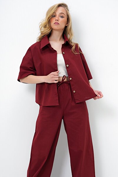 Trend Alaçatı Stili Women's Burgundy Linen Shirt and Palazzo Pants Set Alc-X13948