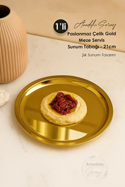 Anadolu Saray Stainless Steel 21cm Gold Appetizer Serving and Presentation Plate Stylish Presentation Design 1 Piece