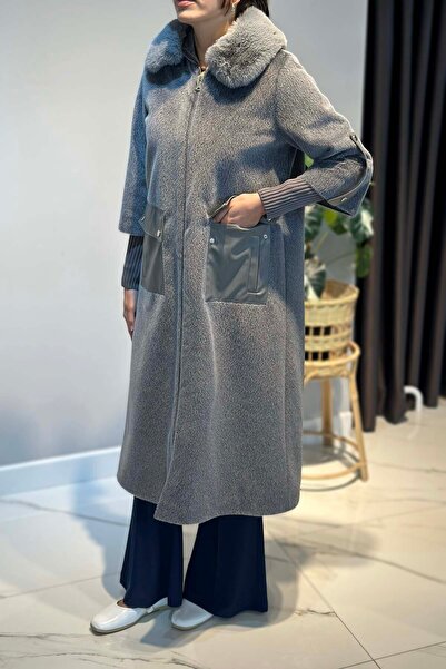 Lale Butik Leather Pocket Detail Fur Coat 2596 Gray