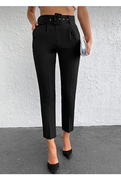 TRENDLİA Women's Belted High Waist Pocketed Straight Fabric Pants