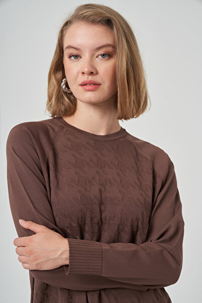 Nuss Houndstooth Pattern Mercerized Knitwear Suit with Pencil Skirt 1350 Brown