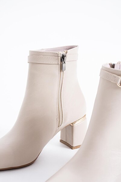 Moda Pie Ladedef Women's Boots with Stone Detail and Thick Heel, Beige Skin