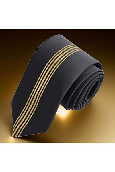 Exve Exclusive Черна вратовръзка със златна централна лента, специален крой, тясна, модерна