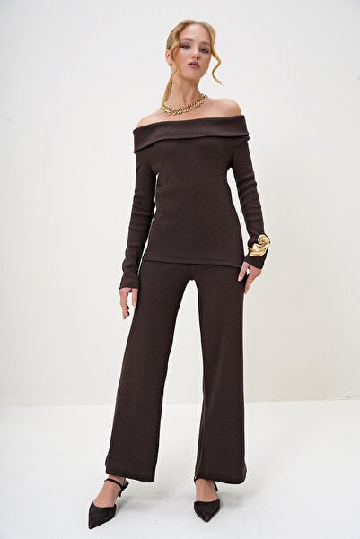 Trend Alaçatı Stili Női barna Madonna galléros camisole blúz és nadrág szett ALC-X13060