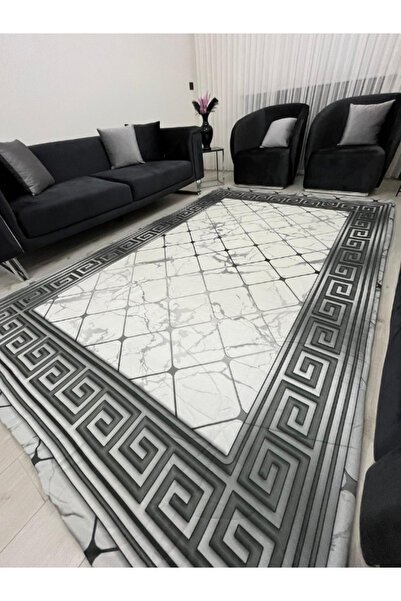 BGV HOME Marble Pattern Greek Motif Carpet Cover Gray White *Elastic and Sponge Non-Slip Base Washable*