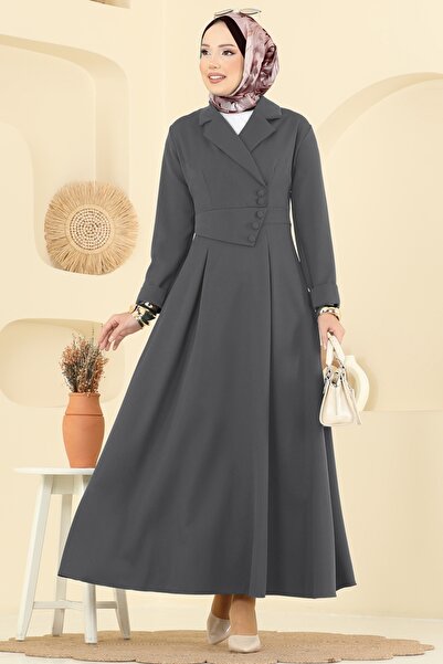 ModaMerve Aksesuar Düğmeli Dabıl Elbise 2746SL432-MS Antrasit