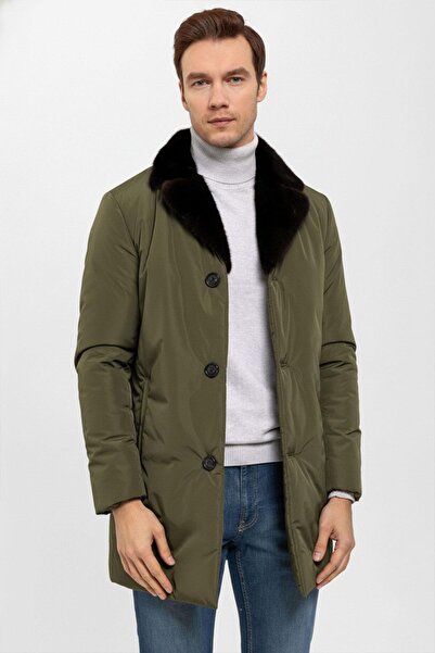 Deriderim Haki Yeşil Kumaş Hugo Yakası Kürk Erkek Kaban