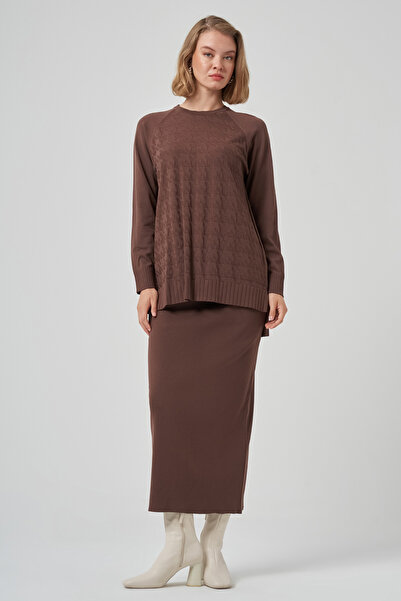 Nuss Houndstooth Pattern Mercerized Knitwear Suit with Pencil Skirt 1350 Brown