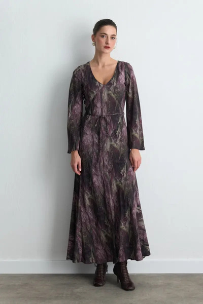 Gusto Anka Collection V-Neck Patterned Long Dress - Plum