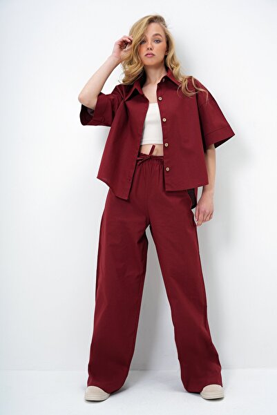 Trend Alaçatı Stili Women's Burgundy Linen Shirt and Palazzo Pants Set Alc-X13948