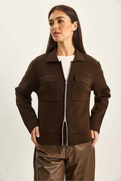 Bianco Lucci Women's Double Pocket Detailed Zipper Closure Knitwear Jacket Cardigan Th251076 60283802