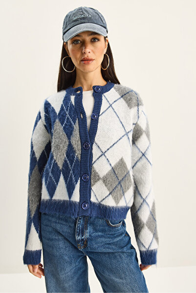 Bianco Lucci Cardigan tricotat cu căptușeală din fleece cu model Baklava pentru femei TH251086 60283803