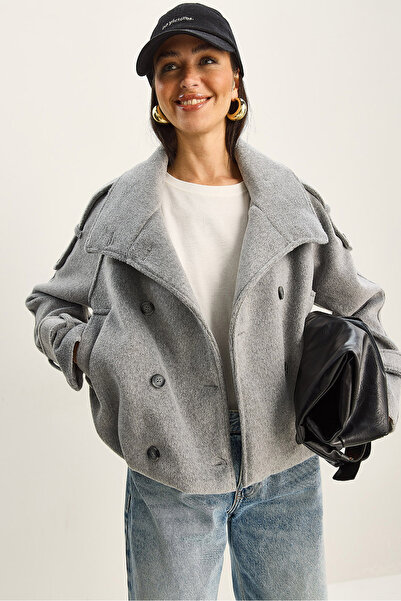 Bianco Lucci Women's Mock Neck Pocket Detailed Epaulet Lined Short Cashmere Bomber Jacket Coat 2060 60283814