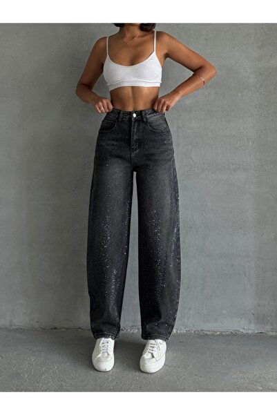 ADAMODA.RO Blugi elastici cu croială tip balon și aplicații cu strasuri