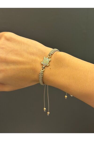 Gönülden Tasarım Zircon Stone Embellished Turtle Macrame Cord Bracelet