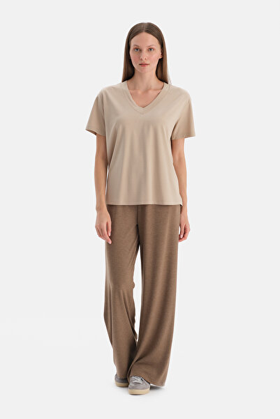 Dagi Milk Coffee Pocketed Drawstring Wide Leg Trousers