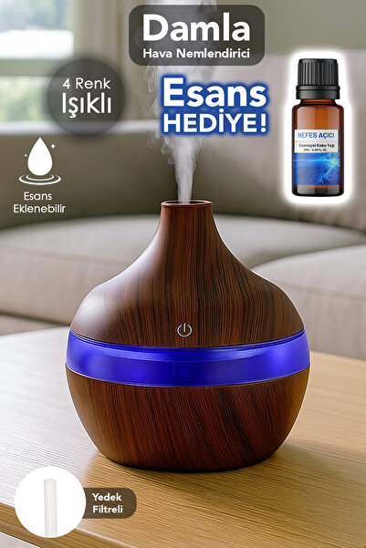 mimtec Damla Hava Nemlendirici - 300 ml Işıklı Buhar Makinesi Aroma Difüzörü Koyu Kahve 1 Adet Esans Hediye