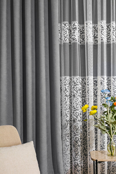 LUNETT HOME Light Gray Color Island Velvet Rare (1X2) Pleated Background Curtain Single Panel