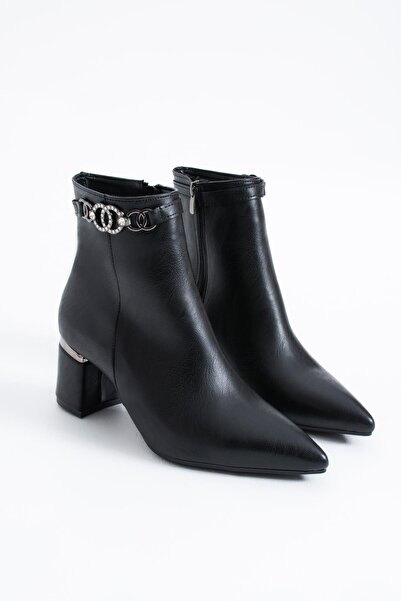 Moda Pie Ladedef Women's Boots with Stone Detail and Thick Heel, Black Leather