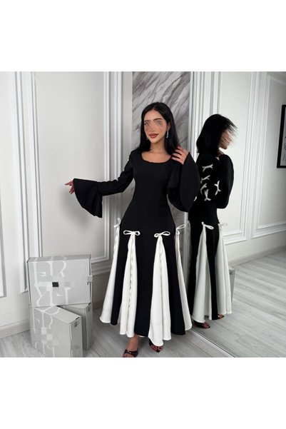 NO BRAND فستان سهرة أسود وأبيض بتصميم عصري مع رباطات جانبية – قصة أنيقة فخمة