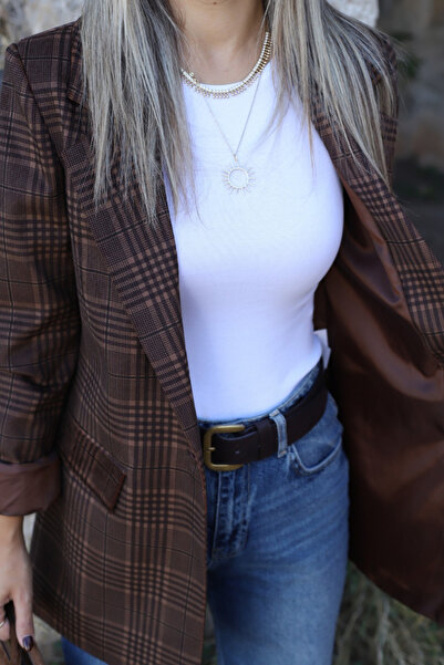 bytugcekaya Καφέ καρό μπλέιζερ μπουφάν