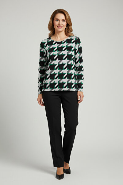 YXL COLLECTION Women's Plus Size Stretch Fabric Crew Neck Houndstooth Pattern Soft Sweater Mom Blouse